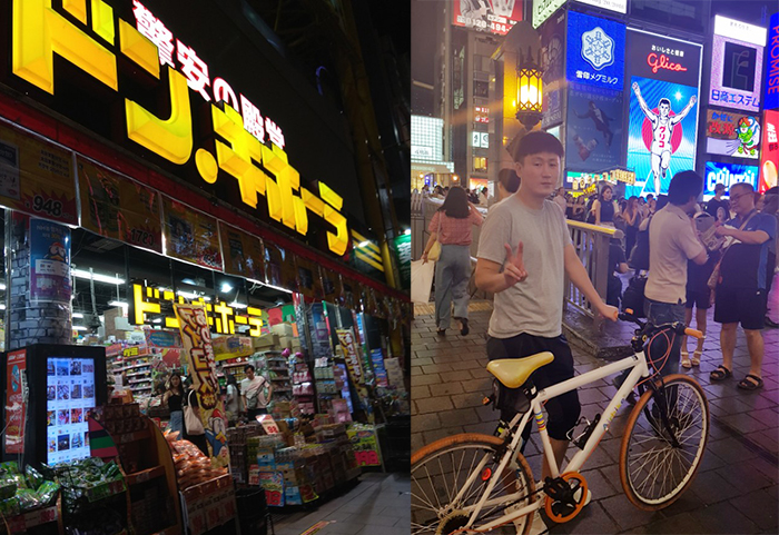 일본의 생활용품 할인매장 돈키호테의 모습. 한국인 관광객들의 모습도 많이 볼 수 있었다(왼쪽). 오른쪽은 필자가 도톤보리 글리코상앞에서 찍은 기념사진. ⓒ문건 기자