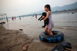 On the Thai side of the River Mekong children play with their pet dogs. Every year an estimated 200,000 dogs are illegally smuggled across the River Mekong, from Thailand in to Laos, where they are driven by truck to Vietnam. Stuffed in to tiny crude metal cages they are then taken up to the slaughter houses and dog meat restaurants of Hanoi, Vietnam's capital. A dog bought in Thailand for as little as US$7 can then be sold for up to US$100 in Vietnam making it a very profitable trade for the mafia gangs that control it. NGO's and officials in Thailand Northeast are fighting hard to stop the trade and in 2013 alone have saved thousands of dogs from being smuggled across the border to Laos.