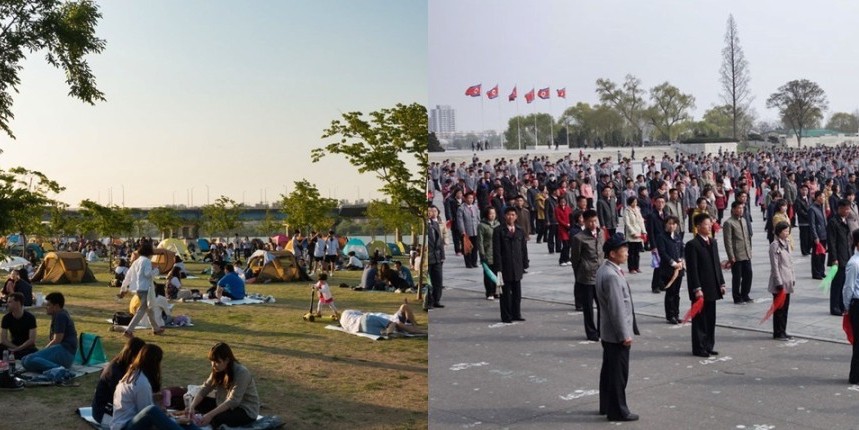 ▲ 제이콥 루카티스가 찍어 공개한 남한과 북한의 광장 모습. 왼쪽이 남한, 오른쪽이 북한